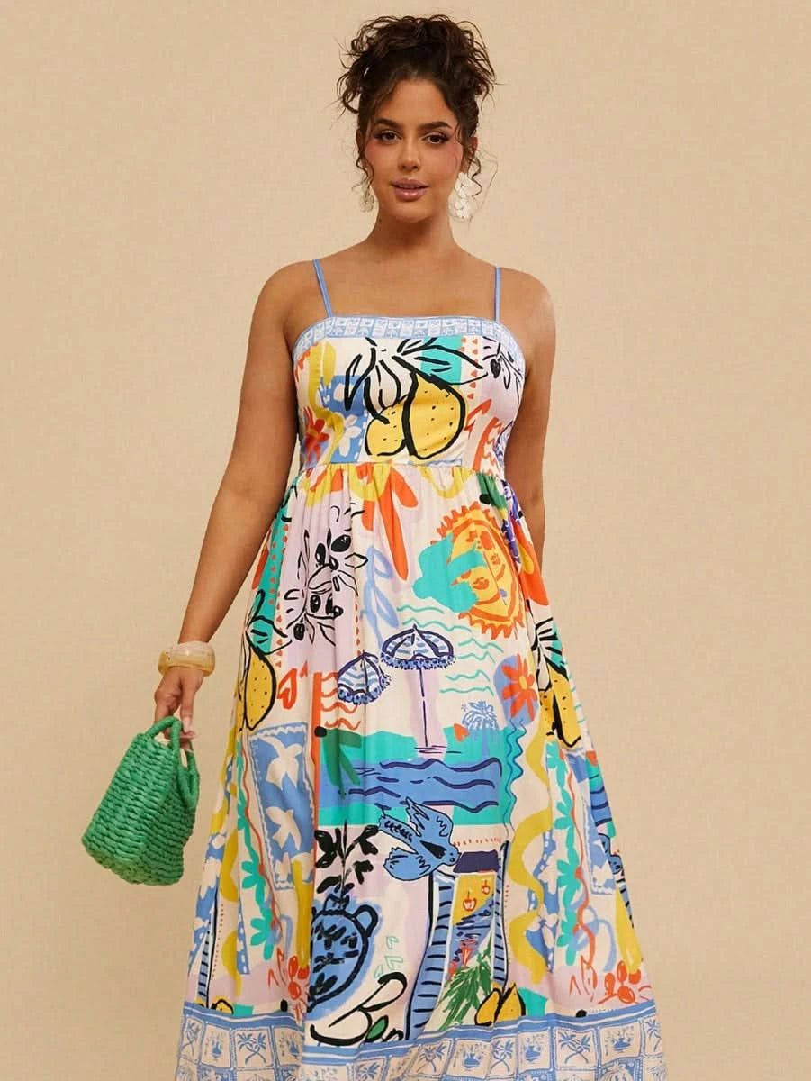 Multicolor Artistic Print Spaghetti Strap Maxi Dress - Satin Whisper