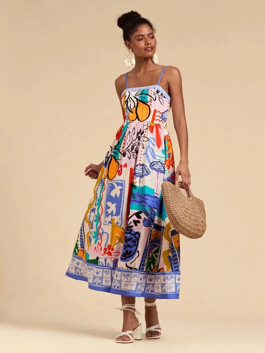 Multicolor Artistic Print Spaghetti Strap Maxi Dress - Satin Whisper