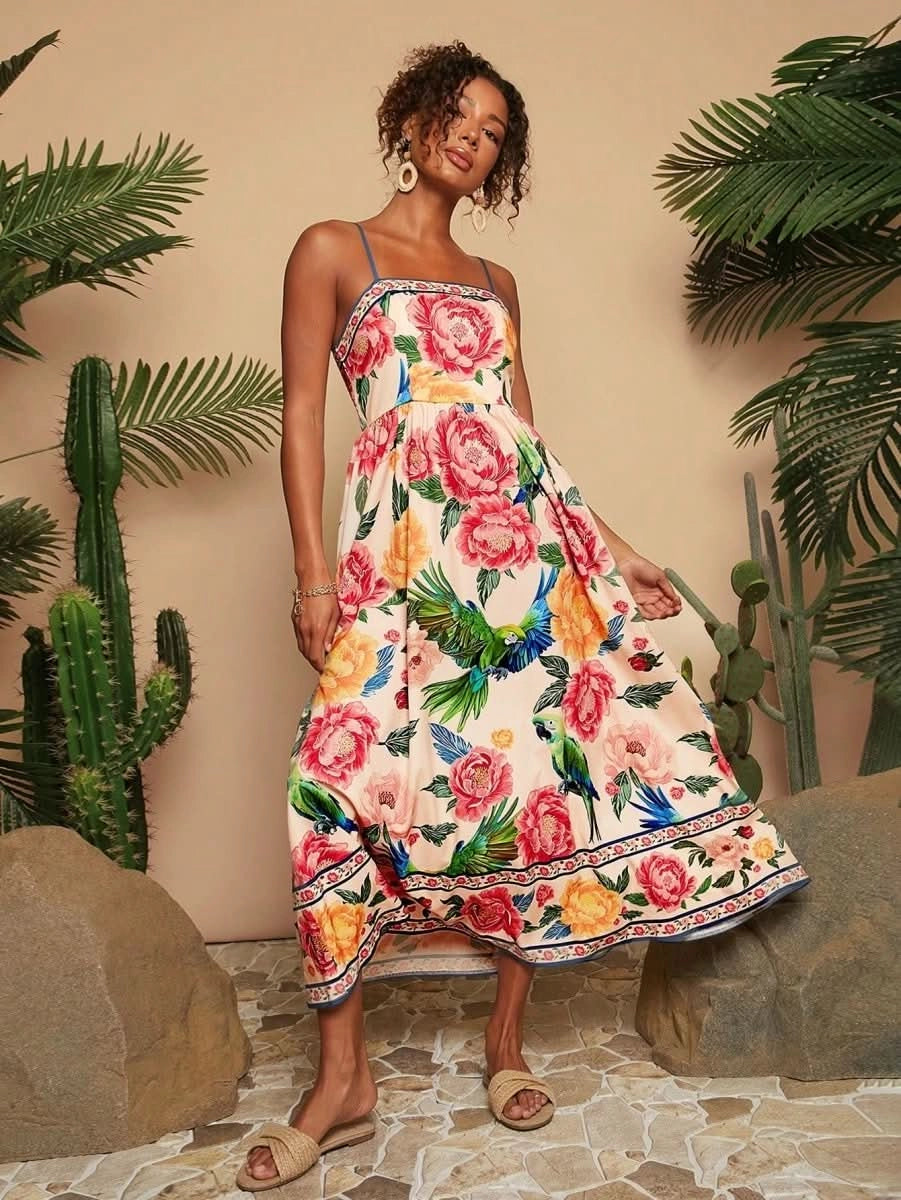 Multicolor Artistic Print Spaghetti Strap Maxi Dress - Satin Whisper