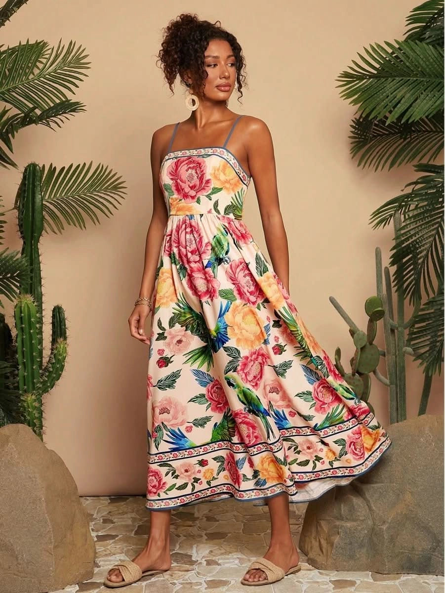 Multicolor Artistic Print Spaghetti Strap Maxi Dress - Satin Whisper