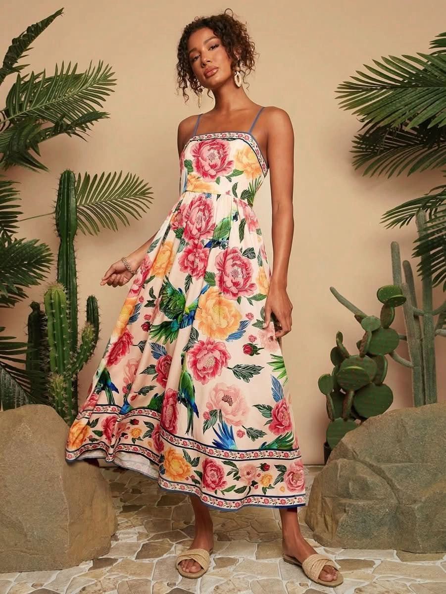 Multicolor Artistic Print Spaghetti Strap Maxi Dress - Satin Whisper