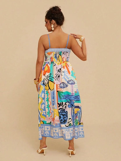 Multicolor Artistic Print Spaghetti Strap Maxi Dress - Satin Whisper