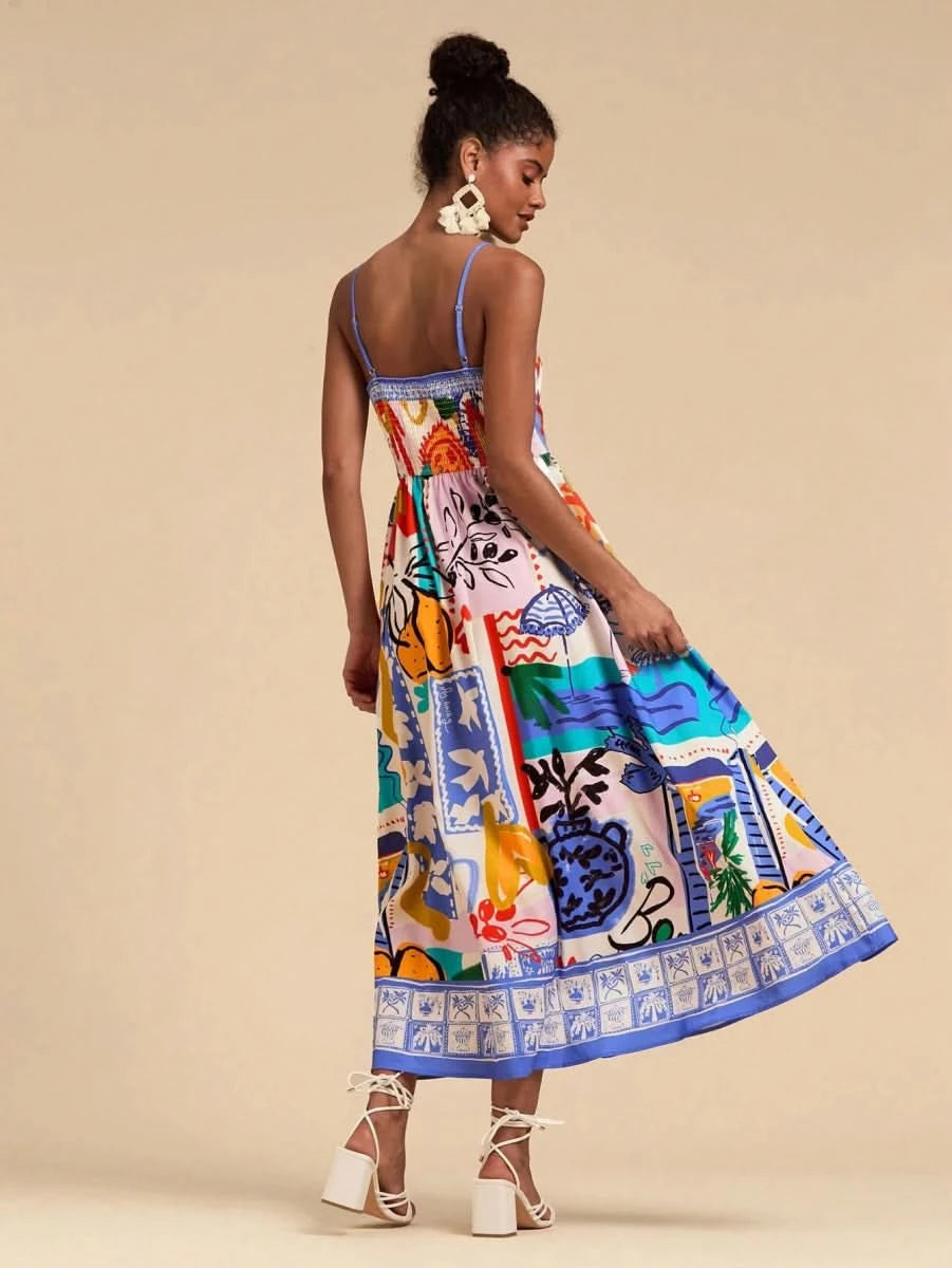 Multicolor Artistic Print Spaghetti Strap Maxi Dress - Satin Whisper