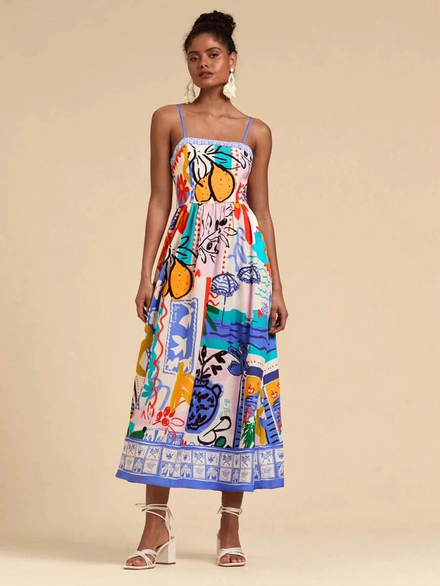 Multicolor Artistic Print Spaghetti Strap Maxi Dress - Satin Whisper