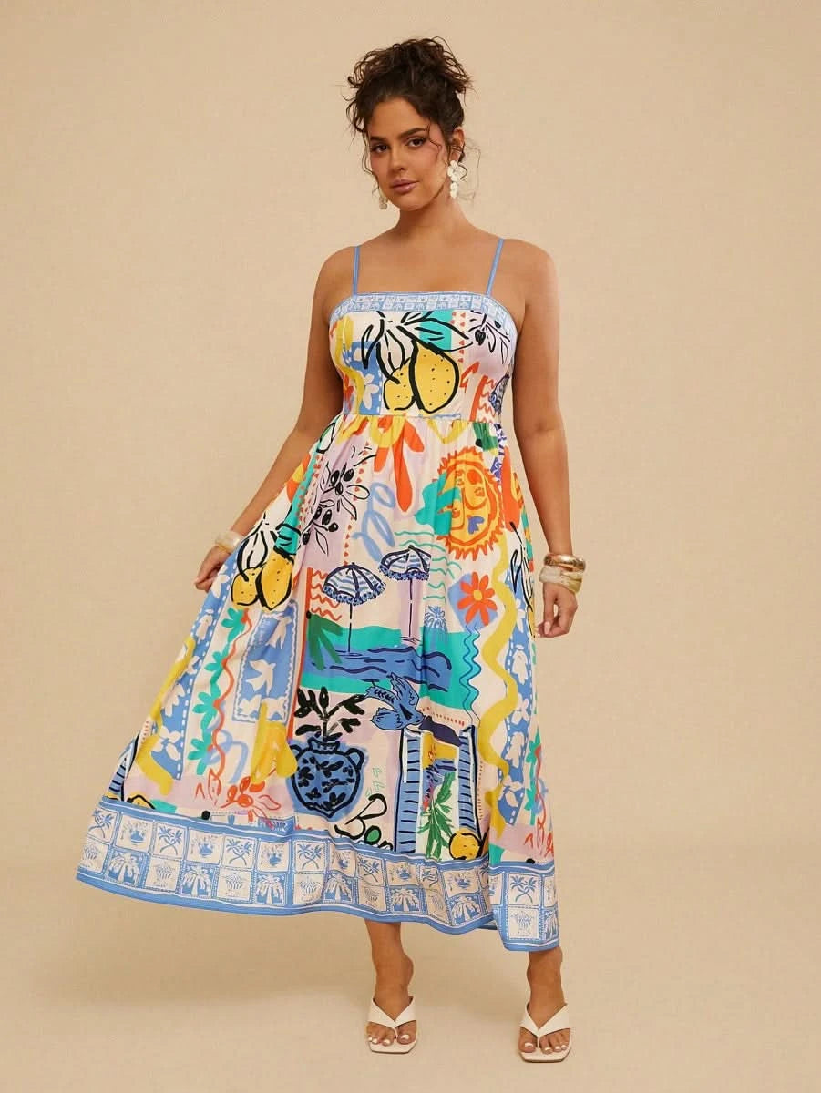 Multicolor Artistic Print Spaghetti Strap Maxi Dress - Satin Whisper
