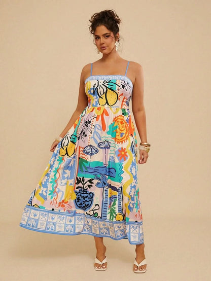 Multicolor Artistic Print Spaghetti Strap Maxi Dress - Satin Whisper