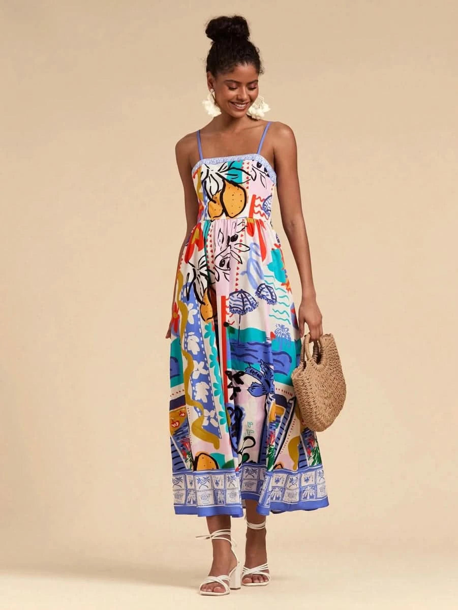 Multicolor Artistic Print Spaghetti Strap Maxi Dress - Satin Whisper