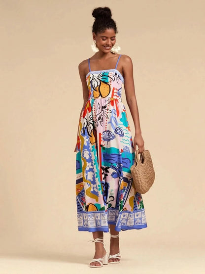 Multicolor Artistic Print Spaghetti Strap Maxi Dress - Satin Whisper