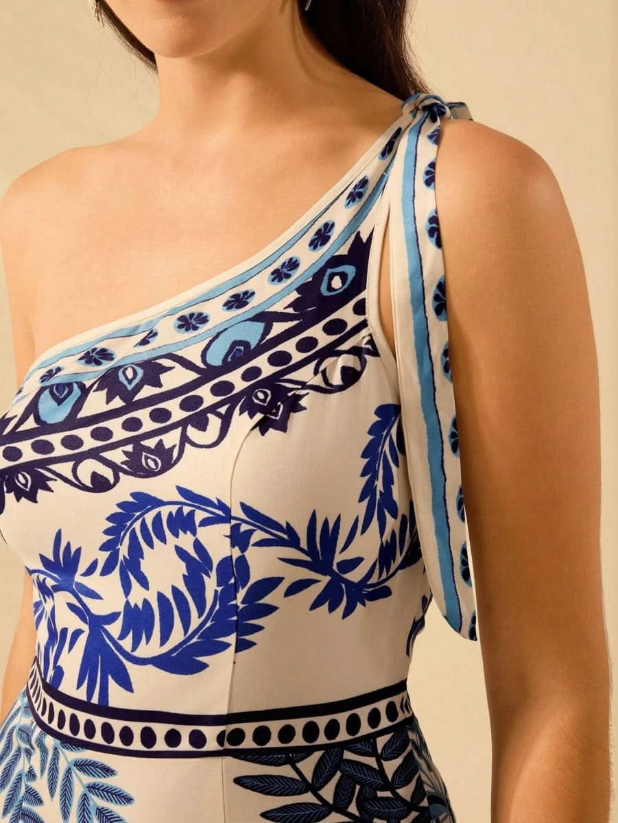Mykonos Breeze One - Shoulder Tropical Blue Print Dress - Satin Whisper