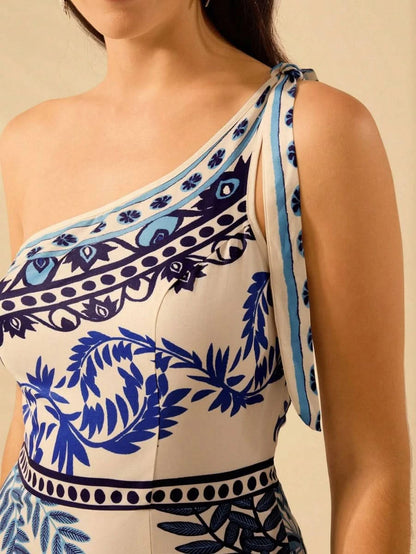 Mykonos Breeze One - Shoulder Tropical Blue Print Dress - Satin Whisper