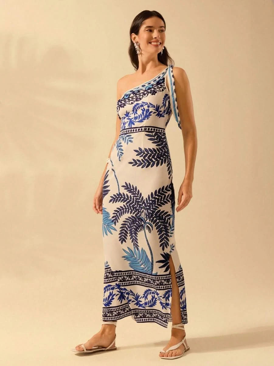 Mykonos Breeze One - Shoulder Tropical Blue Print Dress - Satin Whisper
