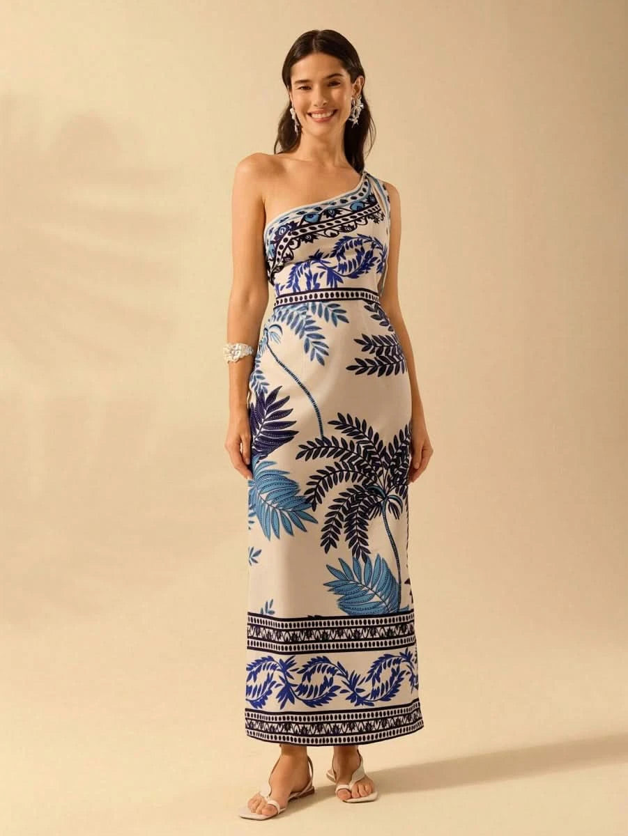 Mykonos Breeze One - Shoulder Tropical Blue Print Dress - Satin Whisper