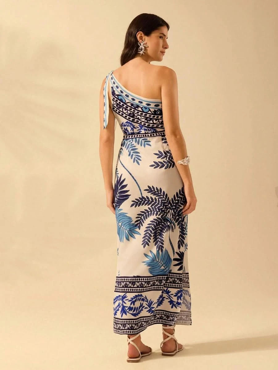 Mykonos Breeze One - Shoulder Tropical Blue Print Dress - Satin Whisper