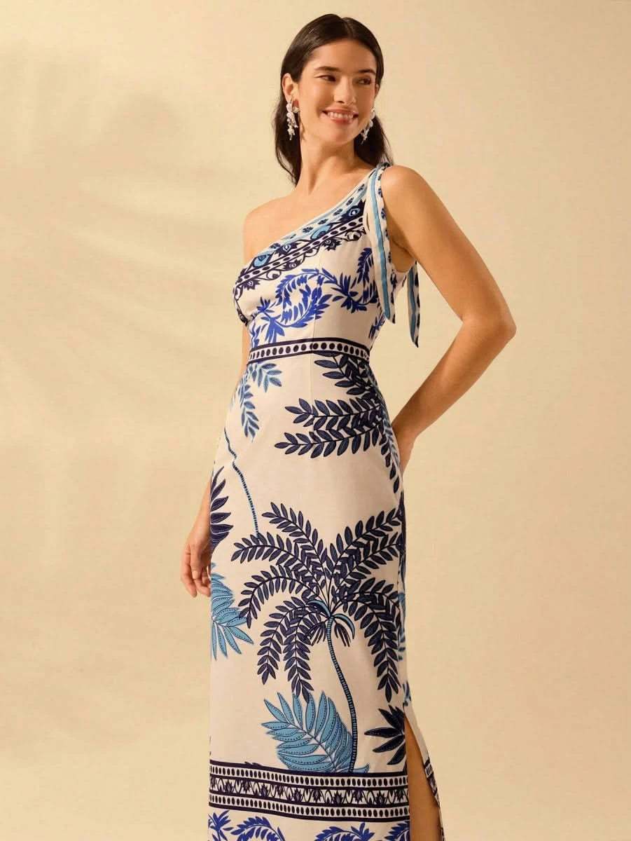 Mykonos Breeze One - Shoulder Tropical Blue Print Dress - Satin Whisper