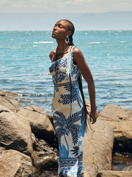 Mykonos Breeze One - Shoulder Tropical Blue Print Dress - Satin Whisper