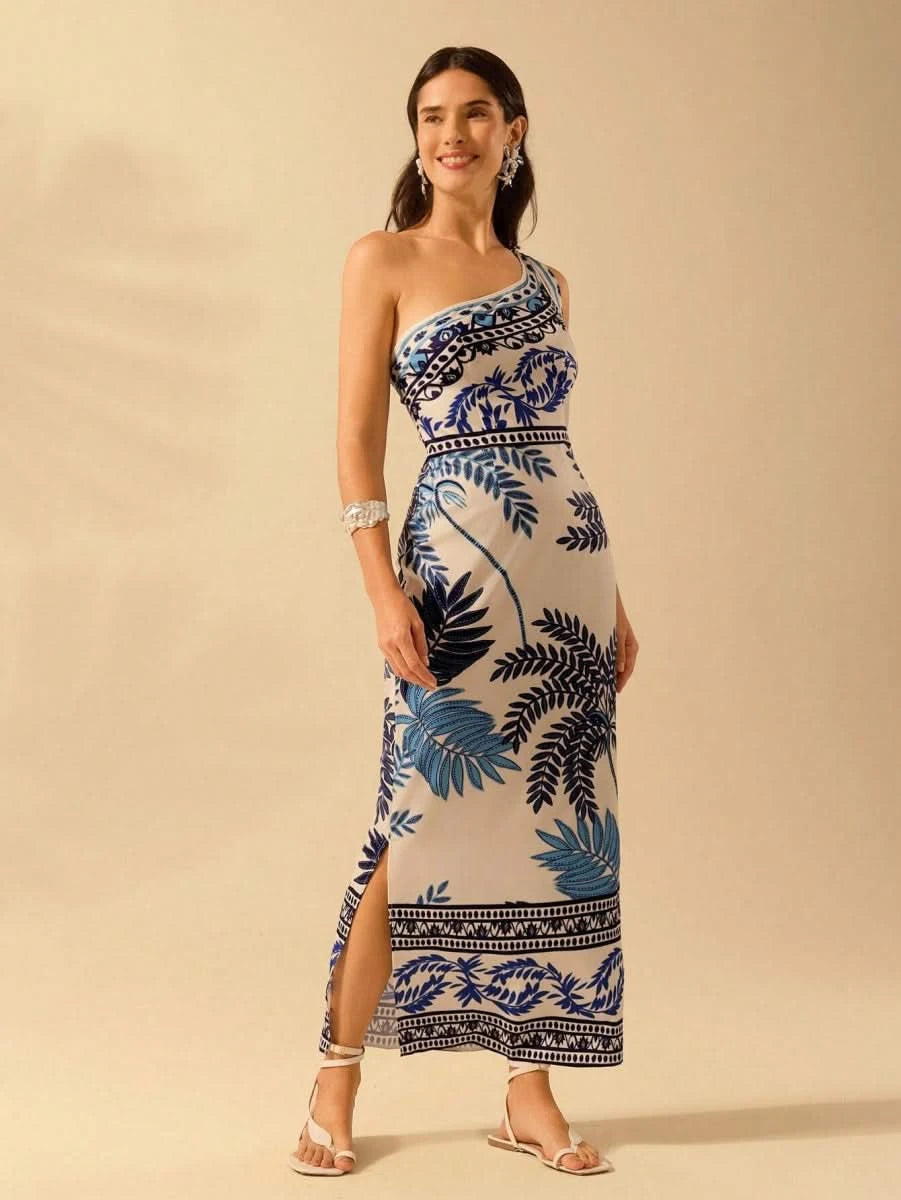 Mykonos Breeze One - Shoulder Tropical Blue Print Dress - Satin Whisper
