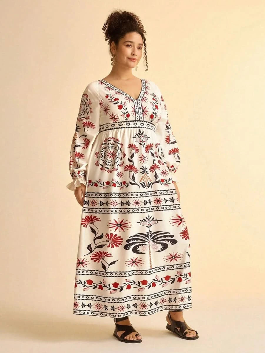 Retro Floral & Geometric Print Deep V - Neck Maxi Dress with Lantern Sleeves Collections - Satin Whisper