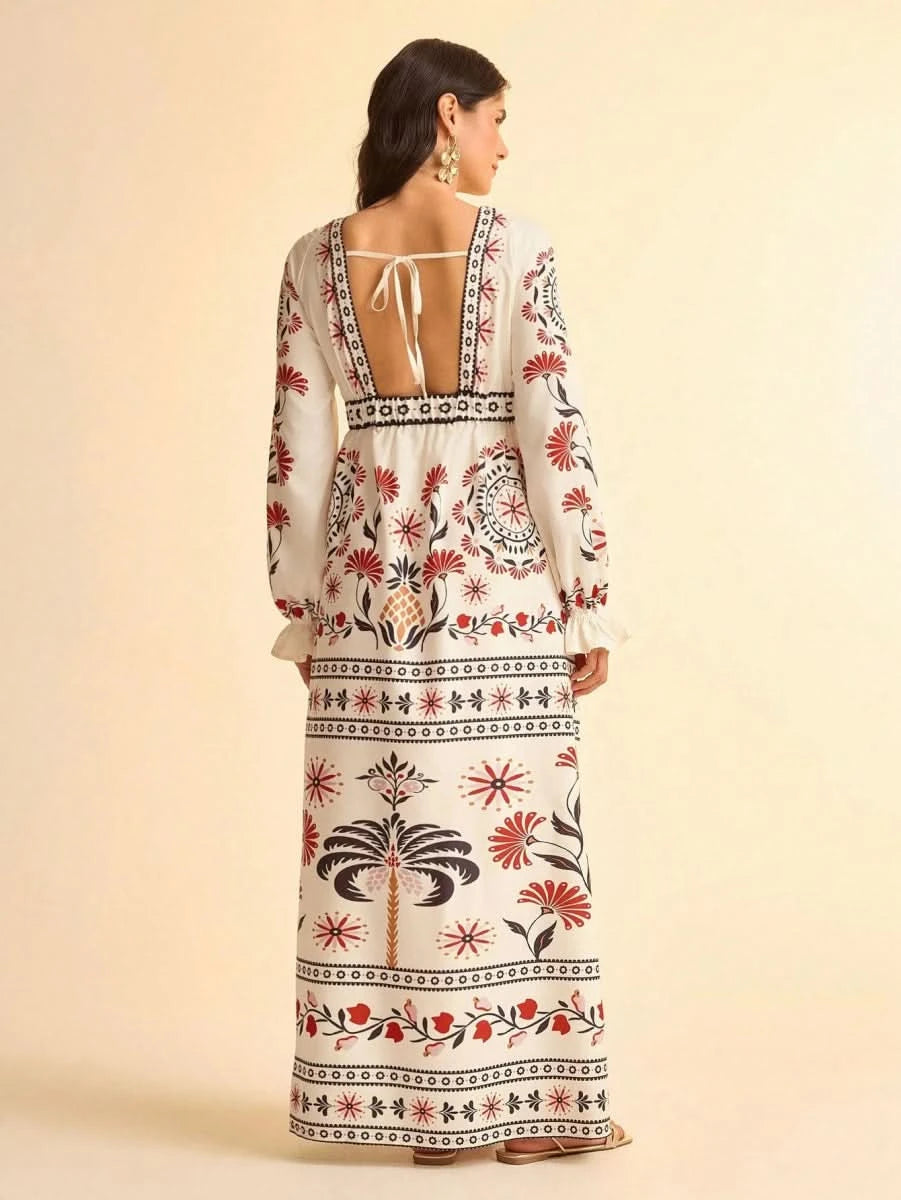 Retro Floral & Geometric Print Deep V - Neck Maxi Dress with Lantern Sleeves Collections - Satin Whisper