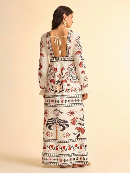 Retro Floral & Geometric Print Deep V - Neck Maxi Dress with Lantern Sleeves Collections - Satin Whisper