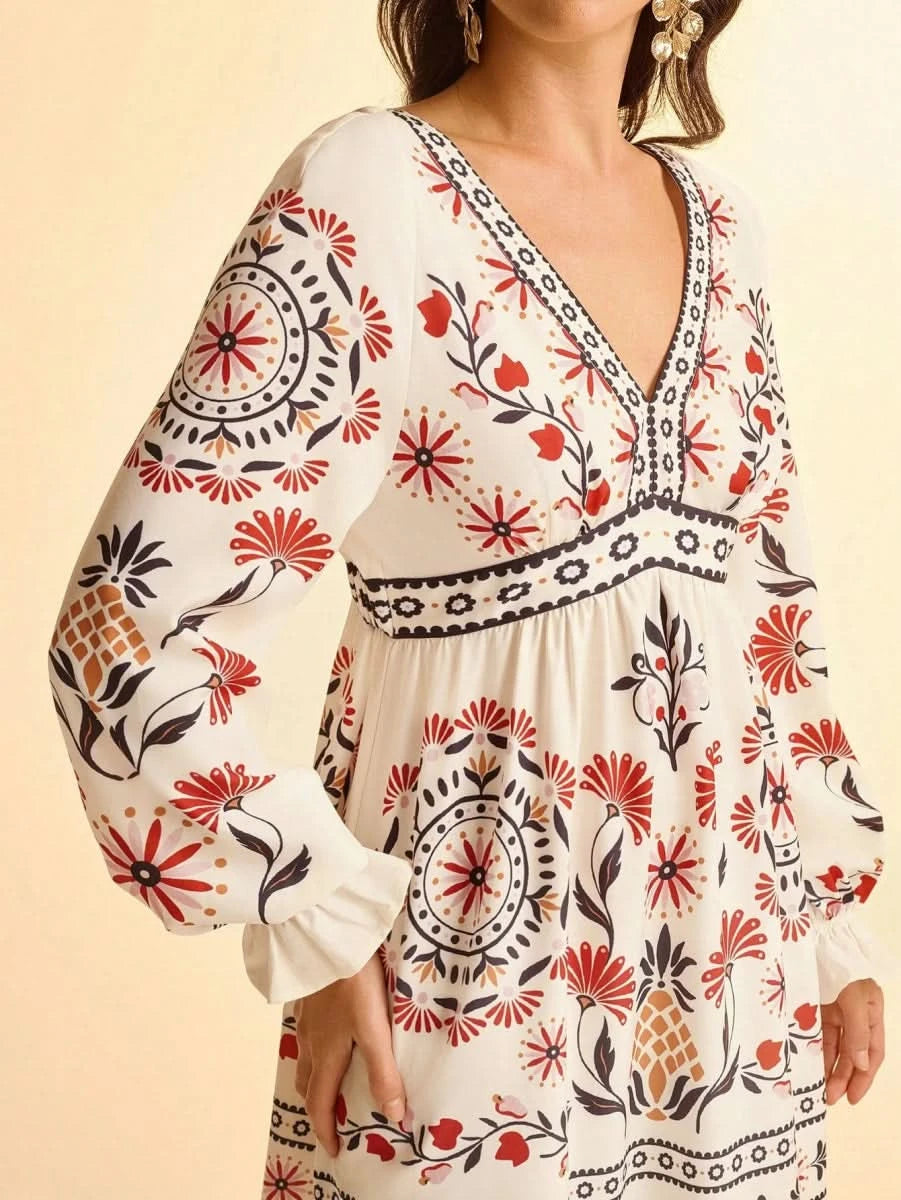 Retro Floral & Geometric Print Deep V - Neck Maxi Dress with Lantern Sleeves Collections - Satin Whisper