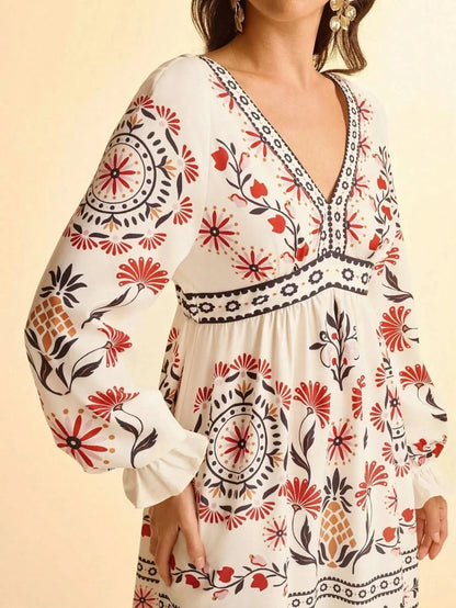 Retro Floral & Geometric Print Deep V - Neck Maxi Dress with Lantern Sleeves Collections - Satin Whisper