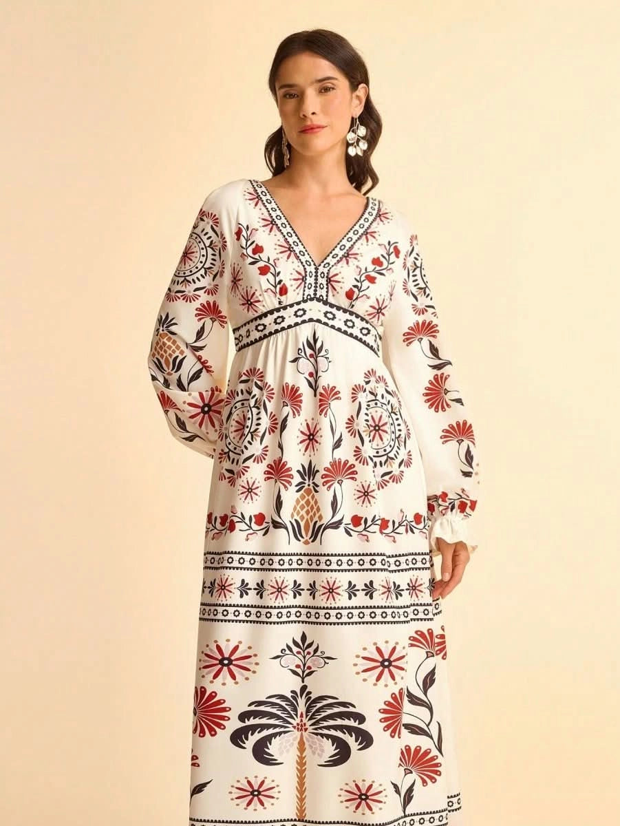 Retro Floral & Geometric Print Deep V - Neck Maxi Dress with Lantern Sleeves Collections - Satin Whisper