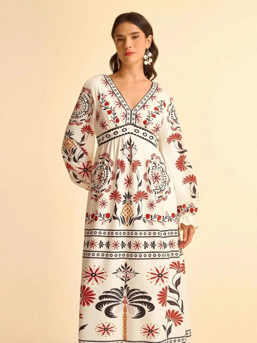 Retro Floral & Geometric Print Deep V - Neck Maxi Dress with Lantern Sleeves Collections - Satin Whisper