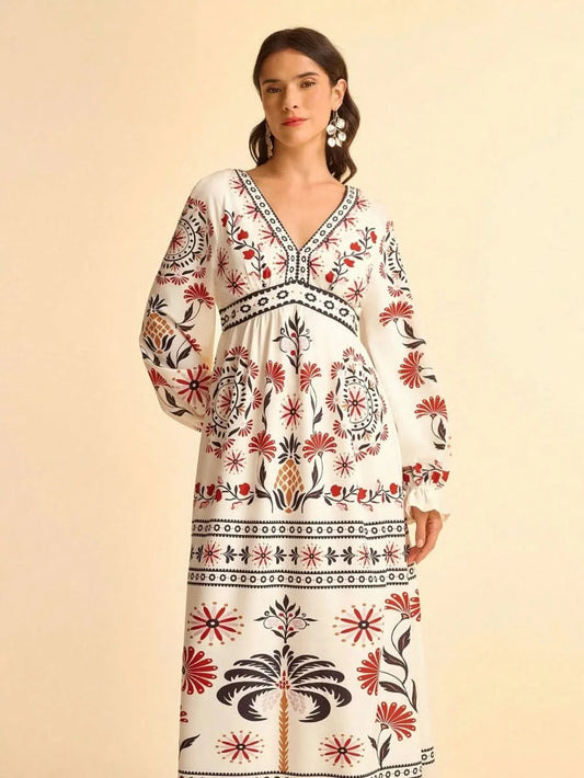 Retro Floral & Geometric Print Deep V - Neck Maxi Dress with Lantern Sleeves Collections - Satin Whisper