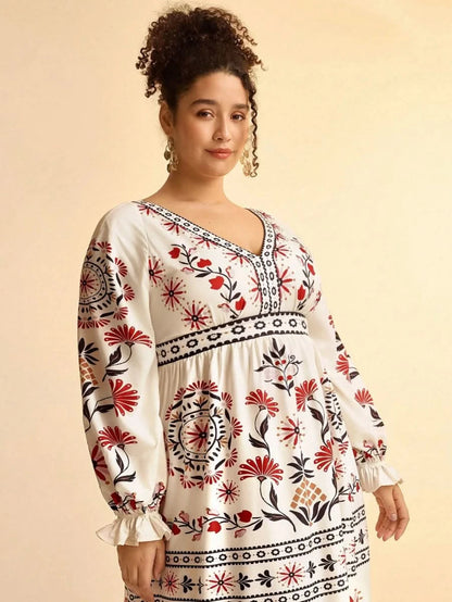 Retro Floral & Geometric Print Deep V - Neck Maxi Dress with Lantern Sleeves Collections - Satin Whisper