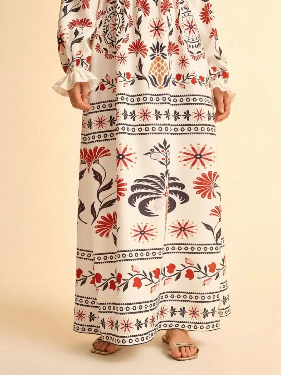 Retro Floral & Geometric Print Deep V - Neck Maxi Dress with Lantern Sleeves Collections - Satin Whisper