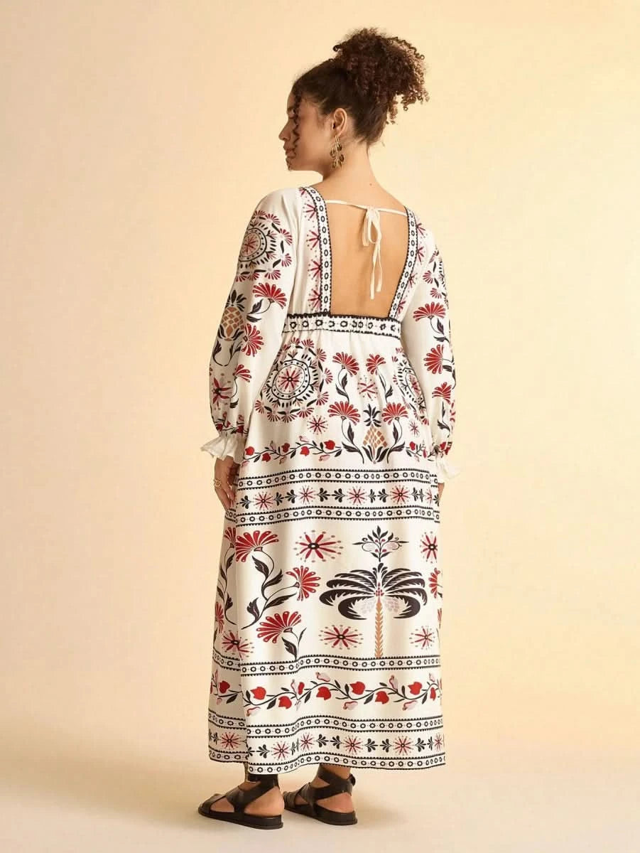 Retro Floral & Geometric Print Deep V - Neck Maxi Dress with Lantern Sleeves Collections - Satin Whisper
