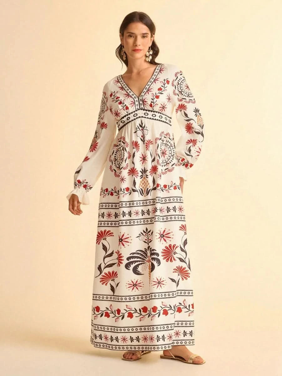 Retro Floral & Geometric Print Deep V - Neck Maxi Dress with Lantern Sleeves Collections - Satin Whisper