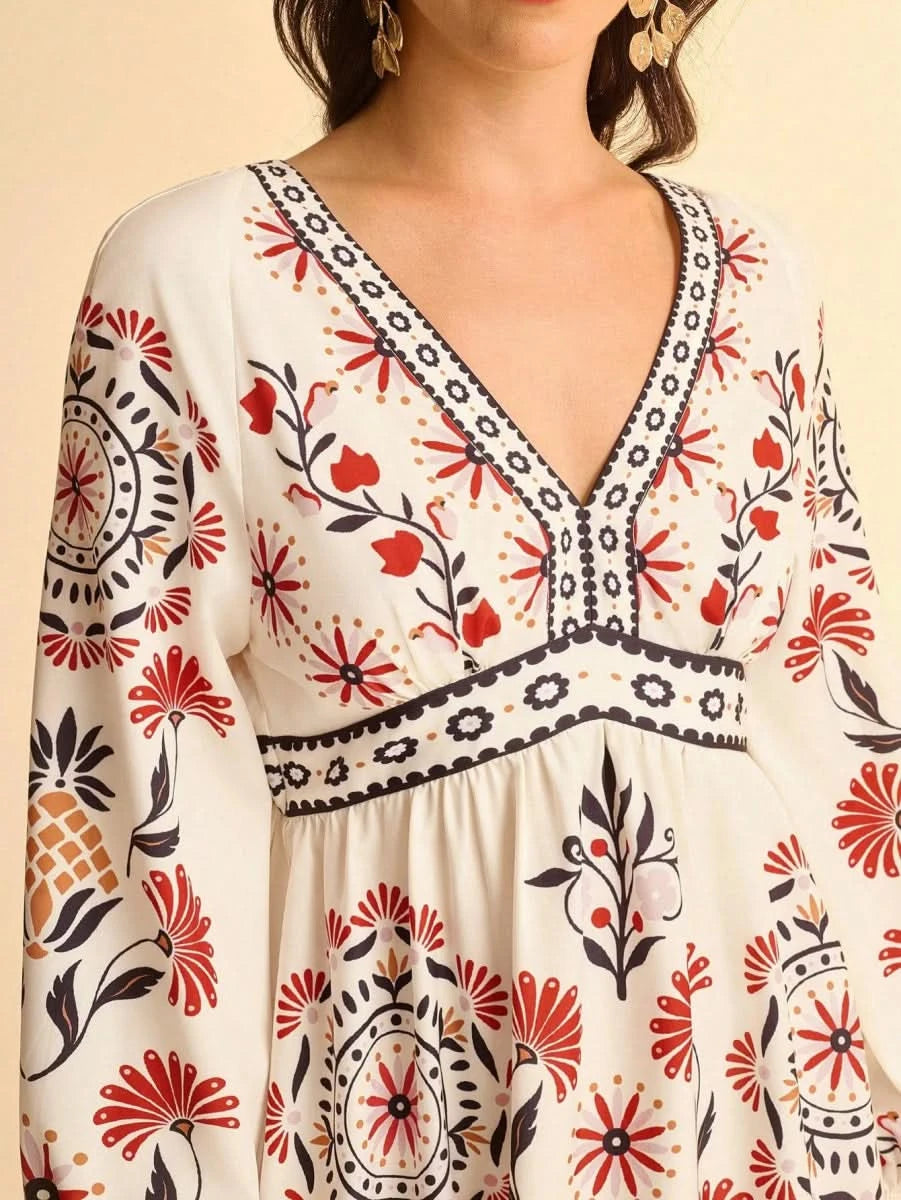 Retro Floral & Geometric Print Deep V - Neck Maxi Dress with Lantern Sleeves Collections - Satin Whisper