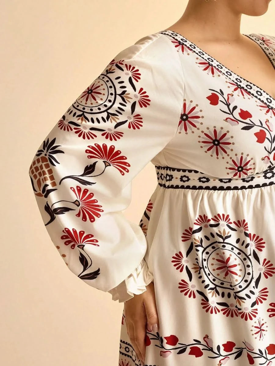 Retro Floral & Geometric Print Deep V - Neck Maxi Dress with Lantern Sleeves Collections - Satin Whisper