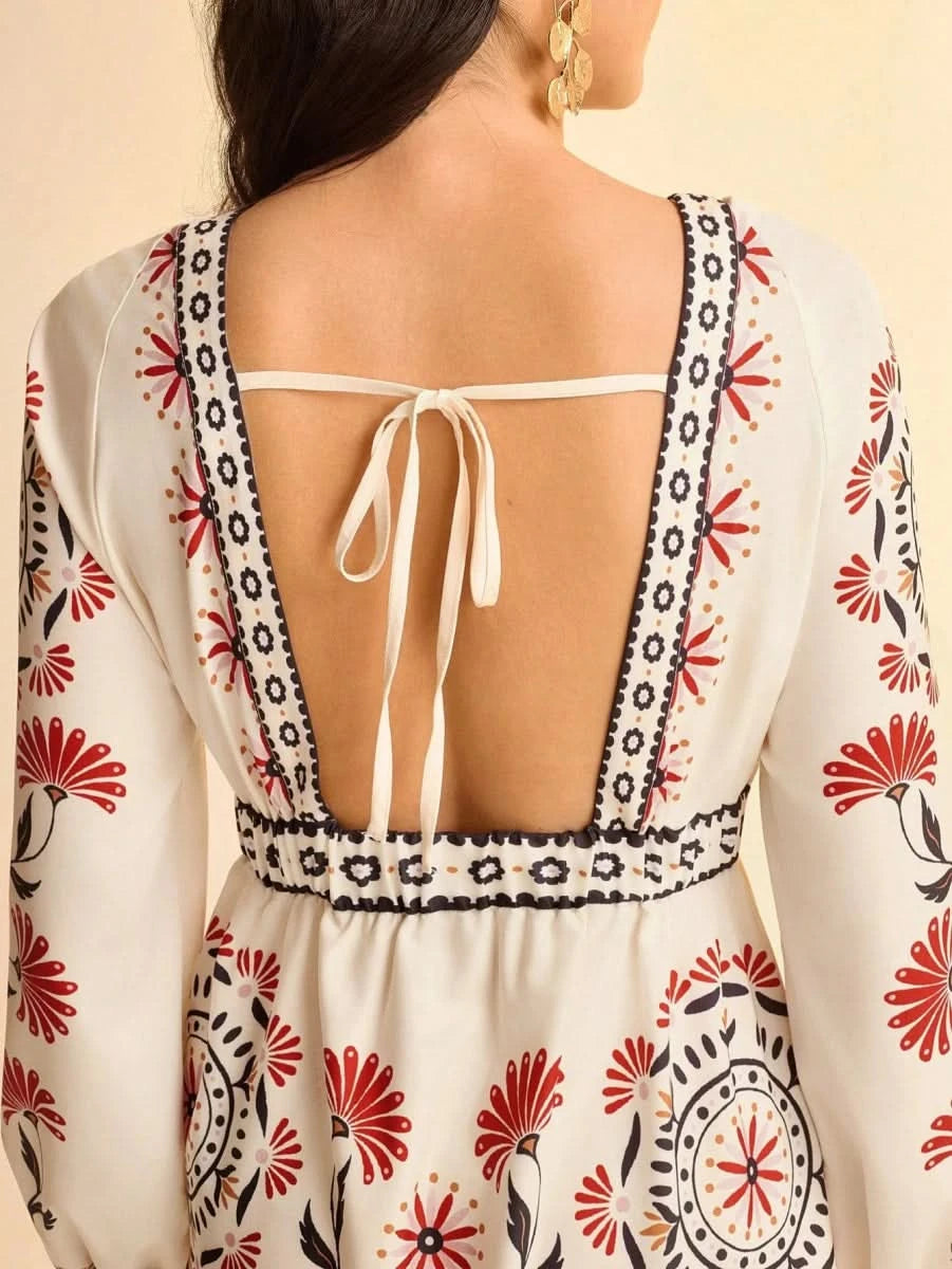 Retro Floral & Geometric Print Deep V - Neck Maxi Dress with Lantern Sleeves Collections - Satin Whisper