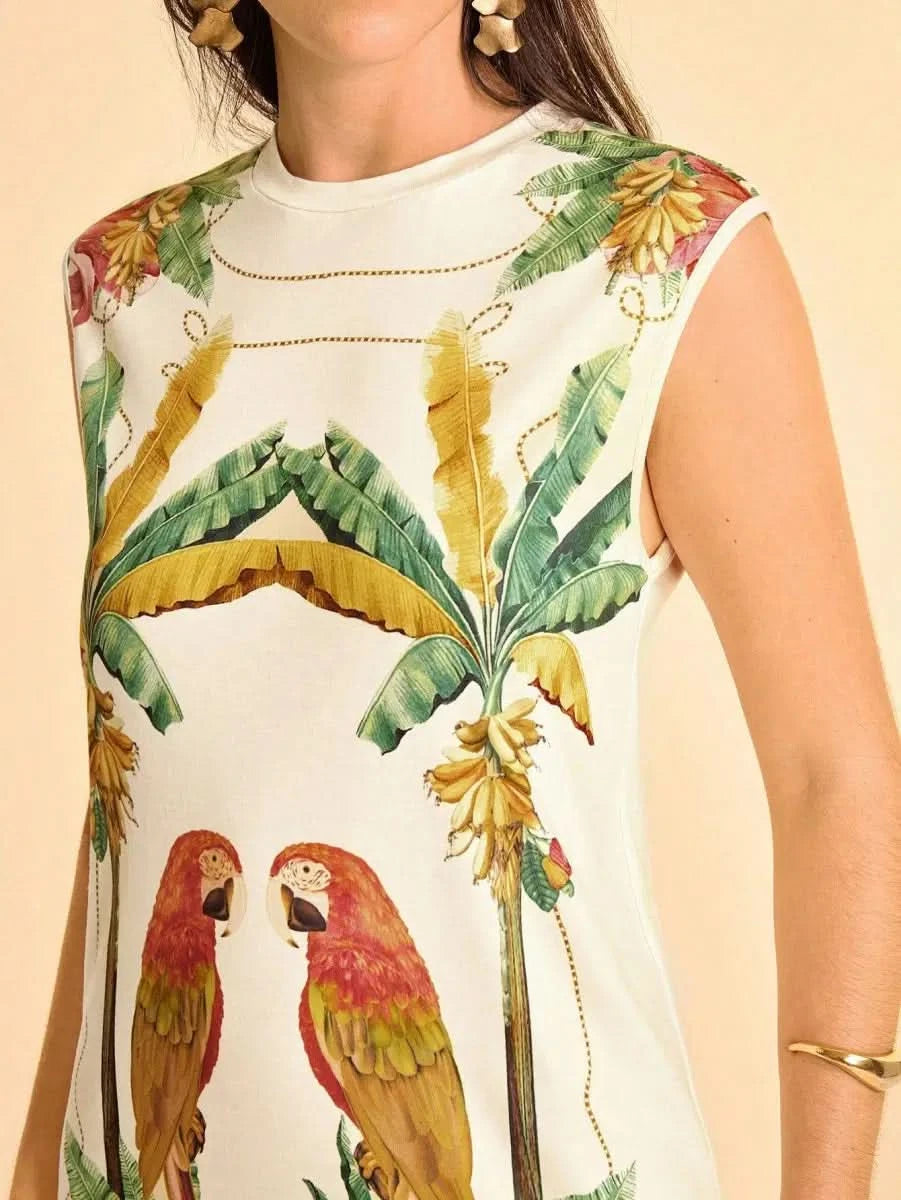 Tropical Sleeveless Dress with Parrot & Leaf Print - Satin Whisper