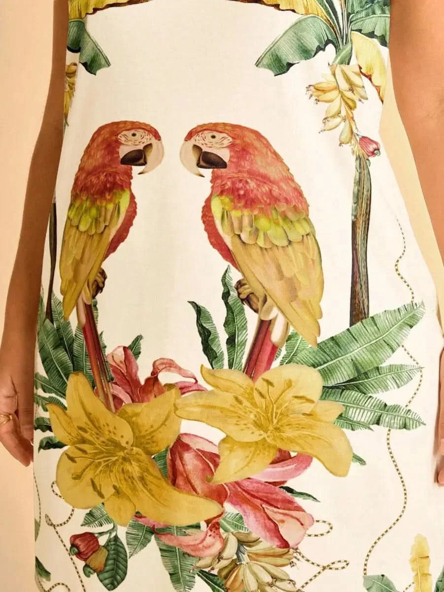 Tropical Sleeveless Dress with Parrot & Leaf Print - Satin Whisper
