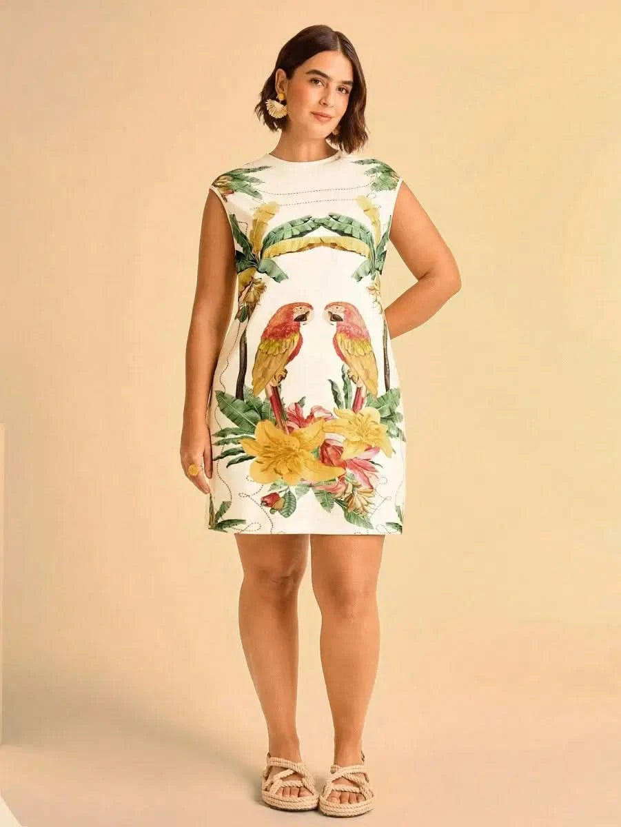 Tropical Sleeveless Dress with Parrot & Leaf Print - Satin Whisper