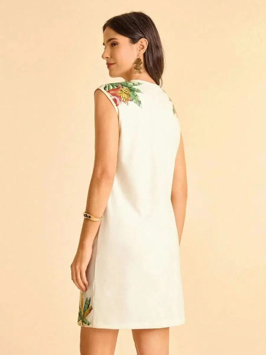 Tropical Sleeveless Dress with Parrot & Leaf Print - Satin Whisper