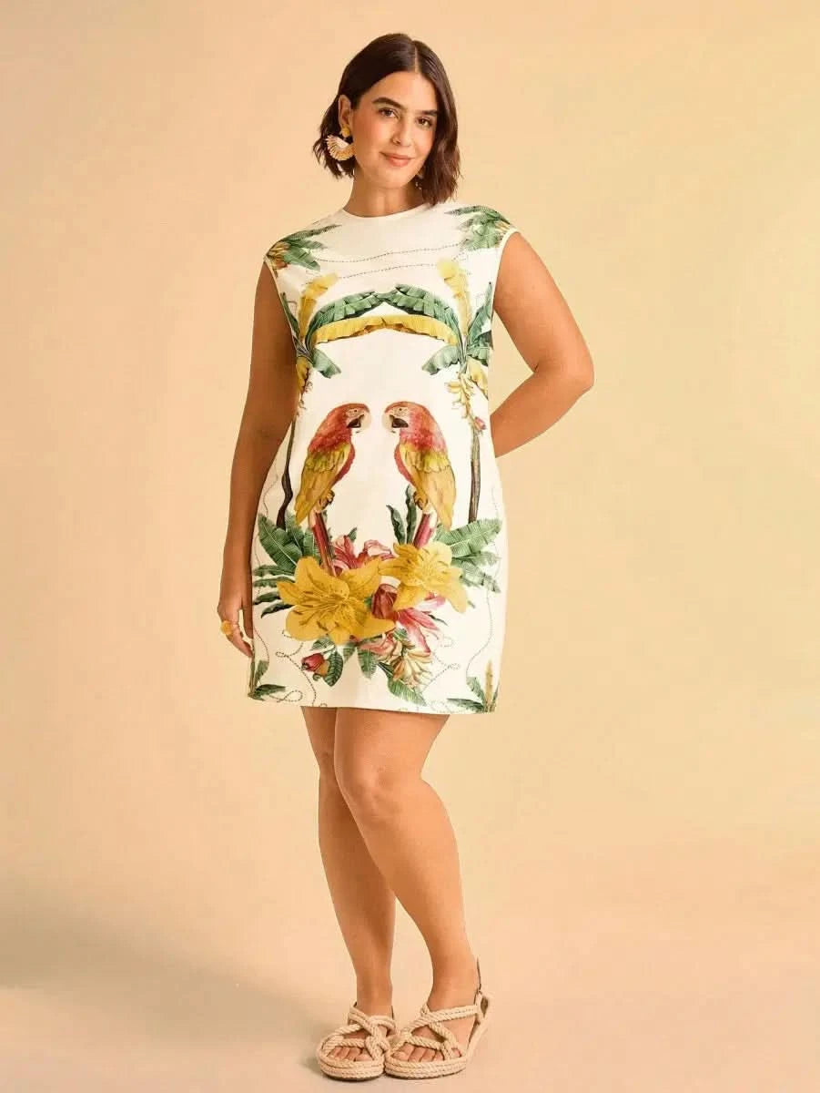 Tropical Sleeveless Dress with Parrot & Leaf Print - Satin Whisper