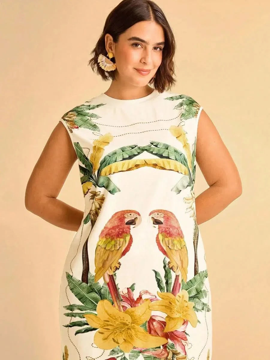 Tropical Sleeveless Dress with Parrot & Leaf Print - Satin Whisper