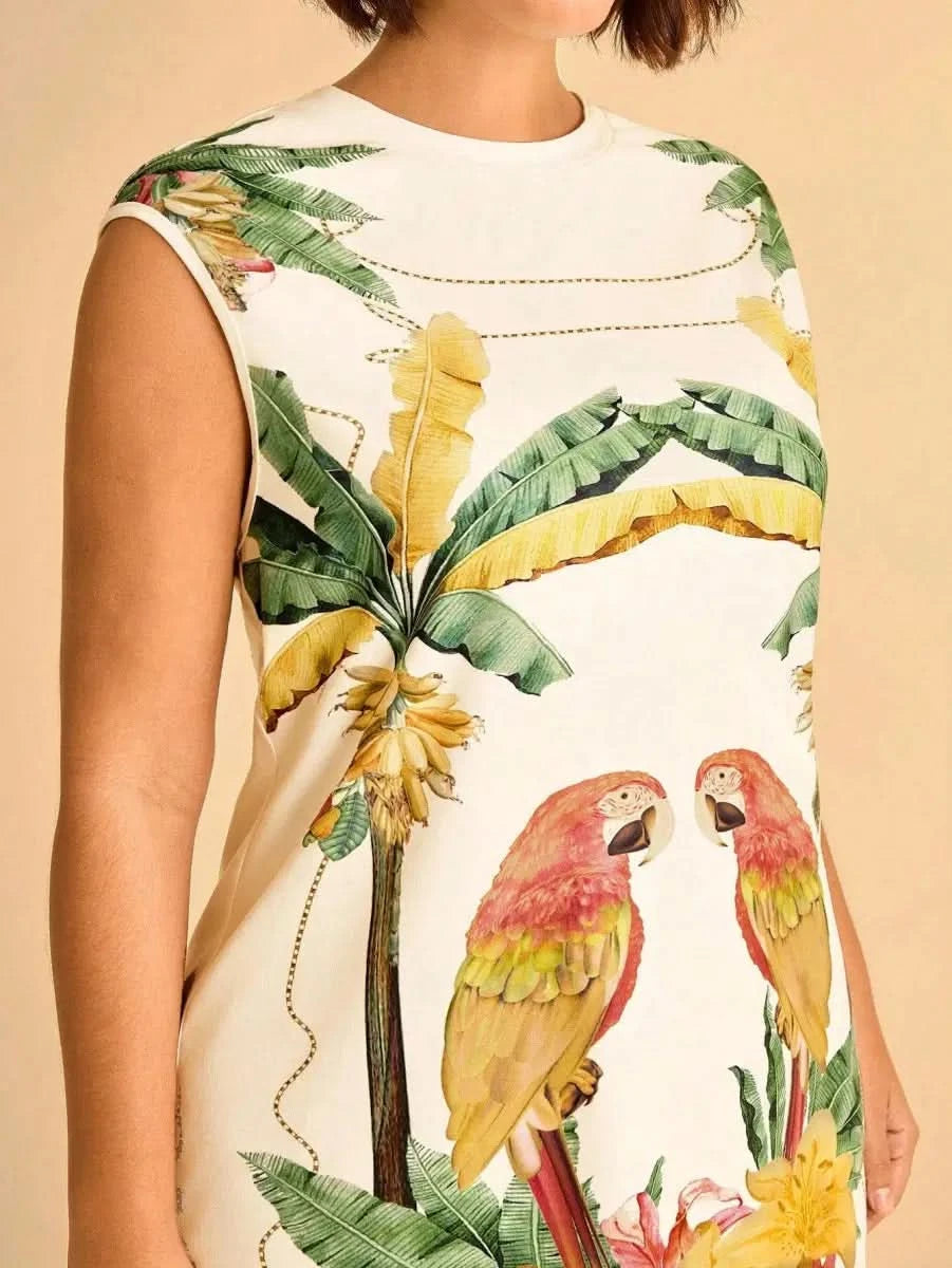 Tropical Sleeveless Dress with Parrot & Leaf Print - Satin Whisper