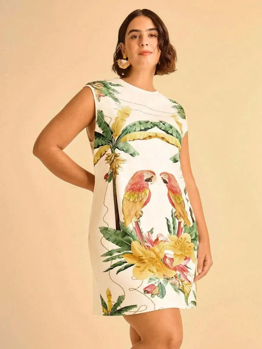 Tropical Sleeveless Dress with Parrot & Leaf Print - Satin Whisper