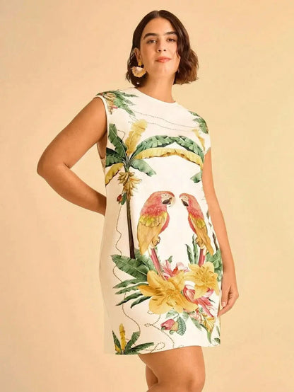 Tropical Sleeveless Dress with Parrot & Leaf Print - Satin Whisper