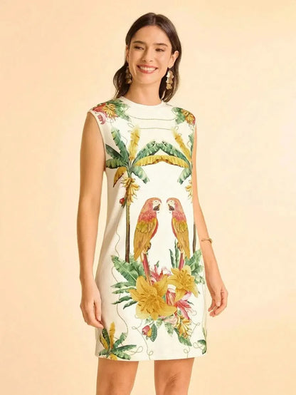 Tropical Sleeveless Dress with Parrot & Leaf Print - Satin Whisper