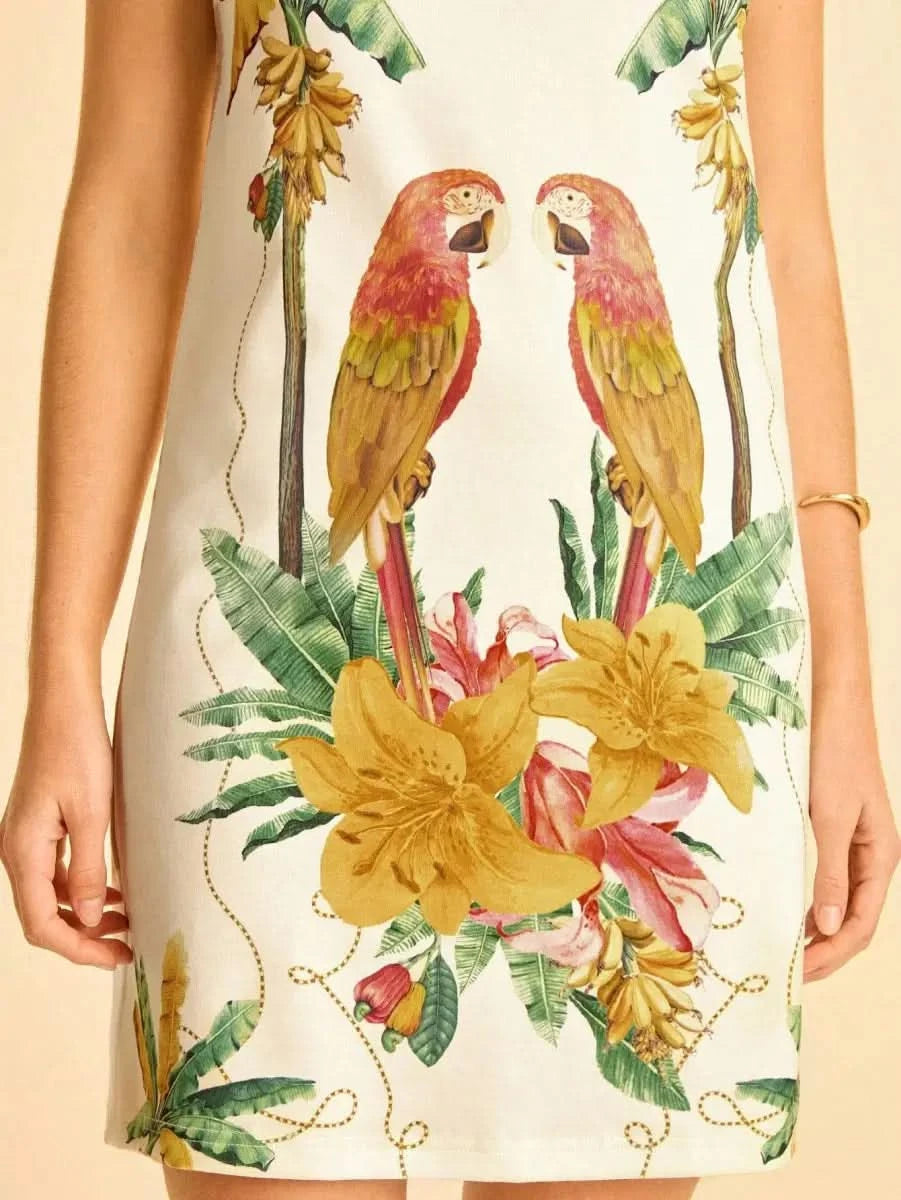 Tropical Sleeveless Dress with Parrot & Leaf Print - Satin Whisper