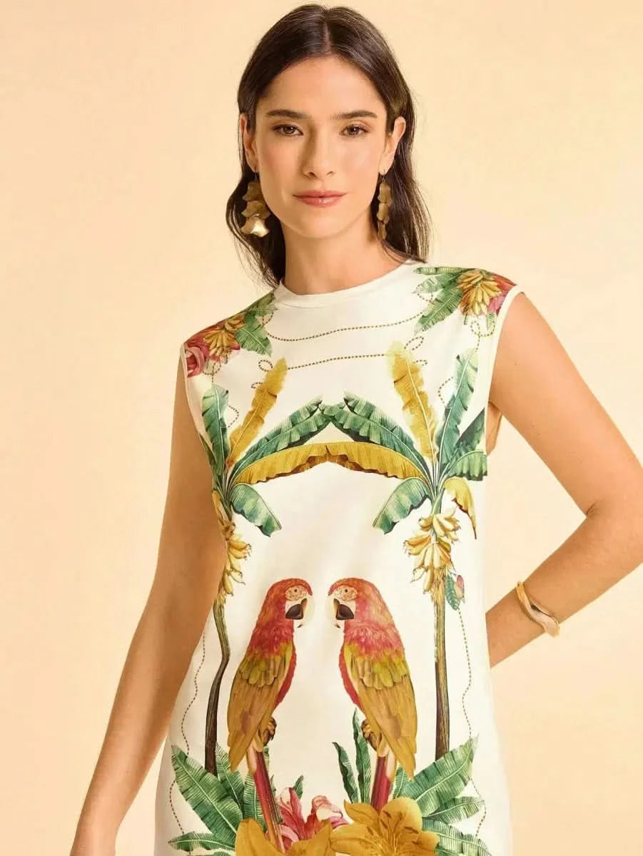 Tropical Sleeveless Dress with Parrot & Leaf Print - Satin Whisper