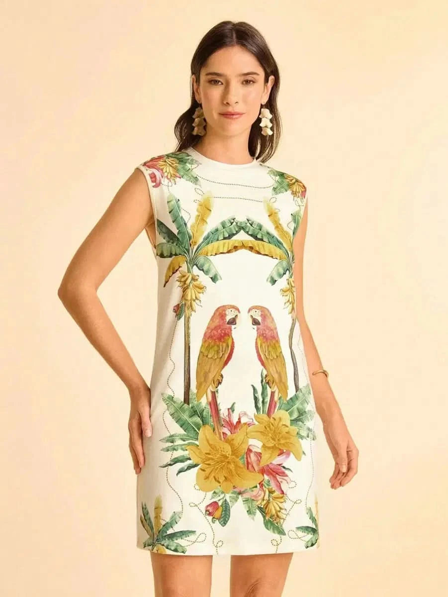 Tropical Sleeveless Dress with Parrot & Leaf Print - Satin Whisper