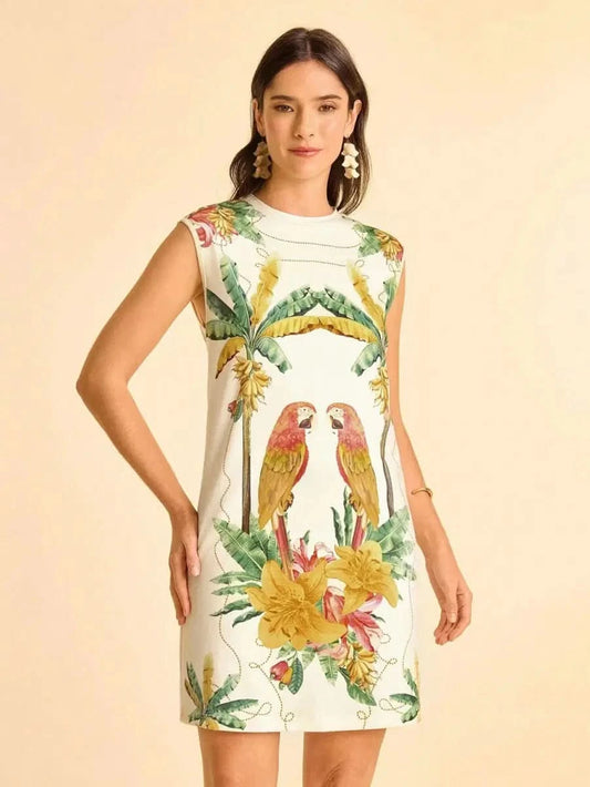Tropical Sleeveless Dress with Parrot & Leaf Print - Satin Whisper