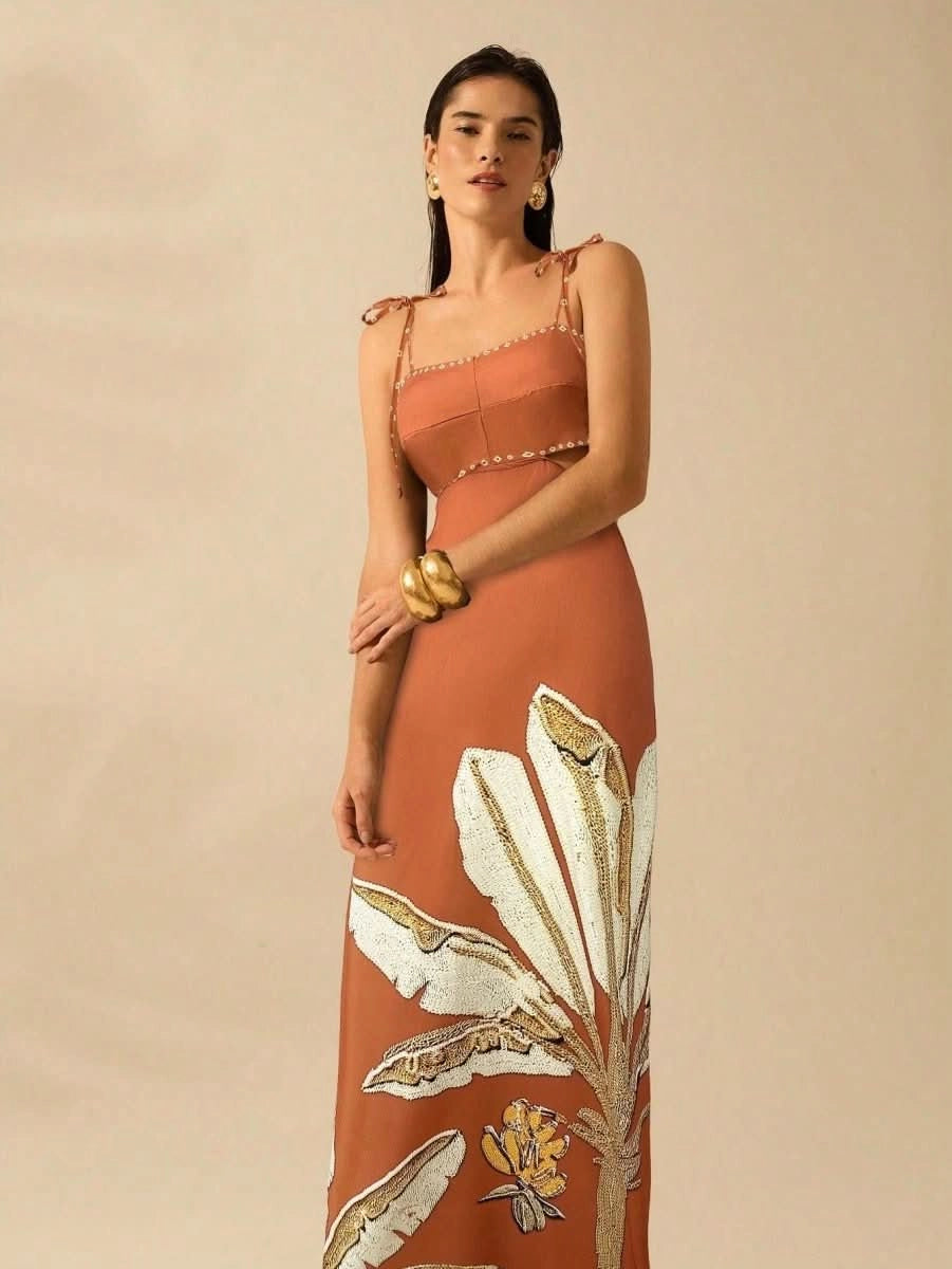 Zanzibar Sunset Dress with Waist Cut - Out - Satin Whisper
